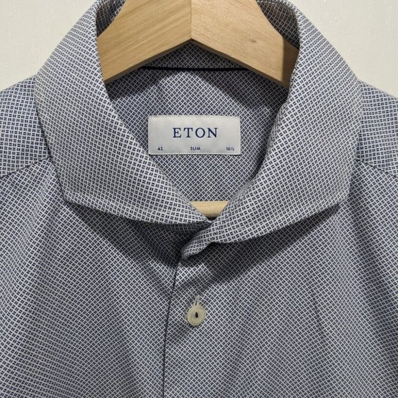 Eton | Slim Fit Micro Print Poplin Shirt in Navy & White - Picture 6 of 12
